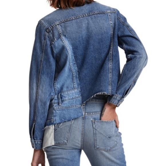 Hudson NWT Spliced Trucker Deconstructed Denim Jacket Patchwork Blue Distressed - Picture 2 of 8